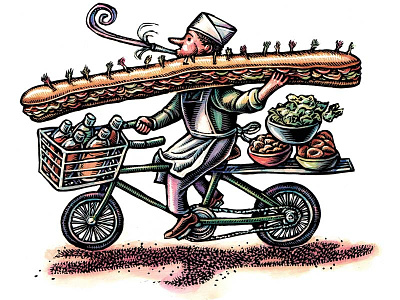 "Calling a Caterer For an Everyday Event" bicycle bike deliver delivery delivery boy illustration invitation lisa haney party sub submarine sandwich