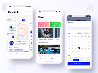 Phealth: Hospitals, News & Booking Screen behance case study clean ui doctor search health app health news hospital search medical app medical mobile app primary care telemedicine app ui ux