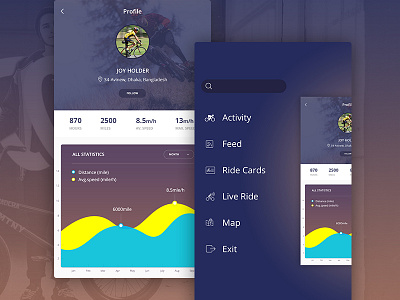 Profile and Menu screen from We Connect app cycle cycling mobile screen splash ui ux