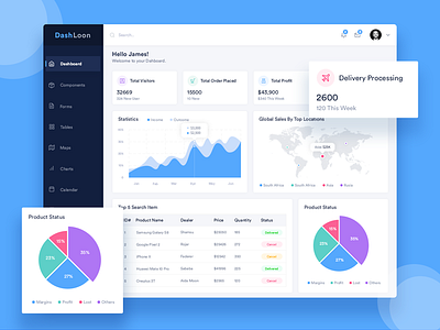 DashLoon Admin Dashboard admin analytics dashboard charts crm html5 template line chart pie chart