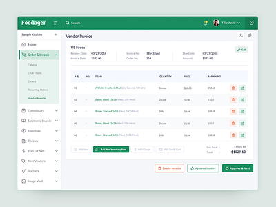 Invoice Screen analytics chart dashboard food inventory invoice left menu table ui ux