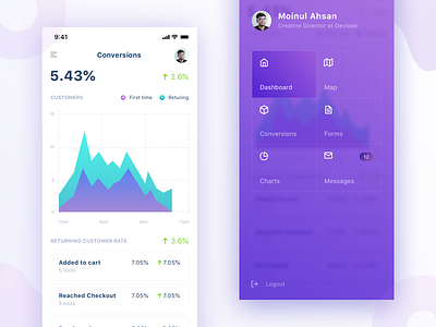 Conversions and Menu Screen analytics chart crm dashboard gradiant icon illustration menu mobile mobile app mobile dashboard ui ux