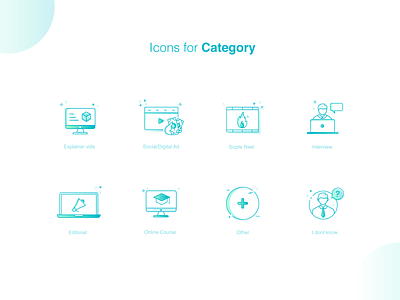 Icons for saas marketplace. digital add editorial explainer vids ico agency icon interview online course icon sizzle reel social add icon vector video category icon video icon