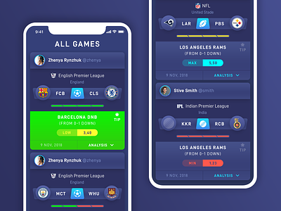 Interface For Sports Tipping App app ui dark mobile interface dark ui game mobile app sports app sports ui tripping ui ux