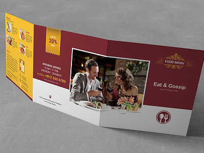 Eat & Gossip Square Trifold Brochure cafe cold drinks dinner eat gossip fast food hot drinks hotel menu open hours pizza restaurant square trifold brochure