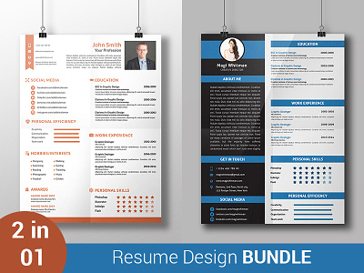 Resume Design Bundle 2 in 1 bundle clean resume creative resume curriculum vitae cv design elegant resume modern resume portfolio professional resume simple resume