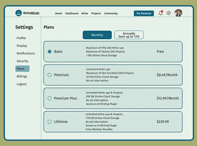 Settings Page for WriteMinds design figma ui