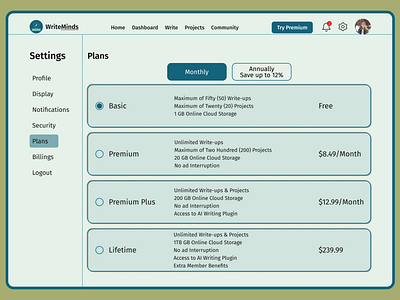 Settings Page for WriteMinds