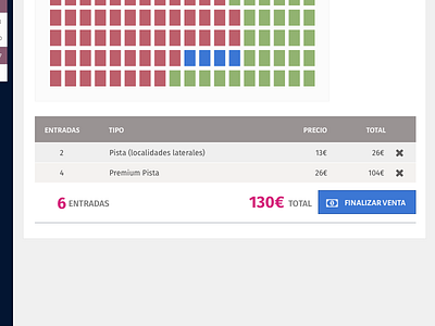 Selling tickets interface dashboard seats selector table tickets ui