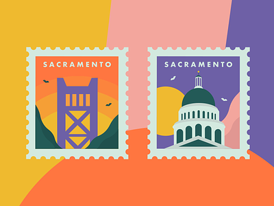 Sacramento Stamps building card illustration landmark map monument postage postal sacramento stamp vector