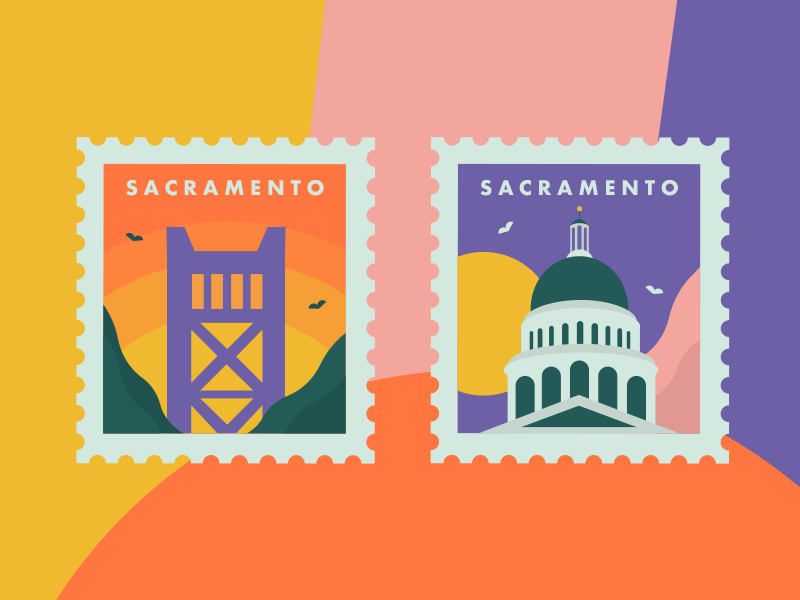 Sacramento Stamps map sacramento landmark monument building vector card postal postage illustration stamp
