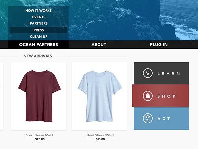 Learn. Shop. Act. buttons dropdown ecommerce ocean shop