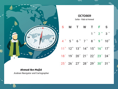 October 2020 Calendar Design, Navigator and Cartographer calendar calendar 2020 cartoon clean compass flat green illustration kids moslem navigator october quran sailorman scientist ship