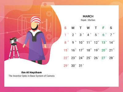 March 2020 Calendar Design, Optic Inventor calendar calendar 2020 cartoon child clean flat illustration illustrator kids march moslem muslim quran scientist vector