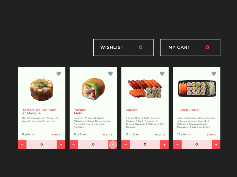 Sushi Store cart desktop food like online restaurant shop store sushi wishlist