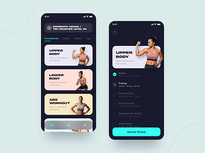 Fitness App dark theme dark ui fitness app health app lessons minimal mobile ui ui