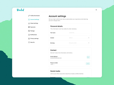 Account Settings account account settings ecommerce settings settings page sidebar menu typogaphy ui userinterface vinted web webdesign
