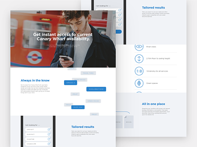 Landing page for Canary Wharf leasing app app landing product website
