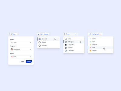 Menus in Volley assign button component components design system dropdown hover menu picker priority product design saas status uiux