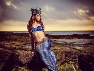 La Sirena beach branding mermaid model ocean sunset
