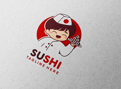 Sushi Logo with cute boy chinese chef character asian food boy character chef chinese food gourmet hand drawn male man mascot oriental food logo restaurant logo sushi sushi logo