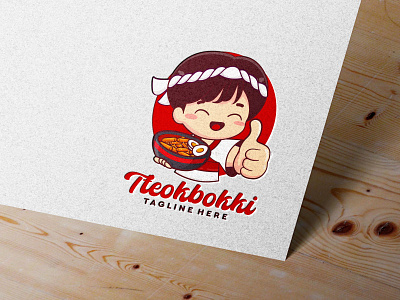 Tteokbokki logo with traditional boy chef wear headband asian food boy cartoon cute design hand drawn hot koread food logo korean food logo male man oriental food logo restaurant logo spicy streetfood logo toppoki traditional tteokbokki