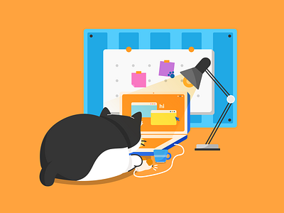 Working-Kitty, meow! 2d illustration branding cat cute cat flat design graphic design illustration kitty laptop vector vector illustration work from home working