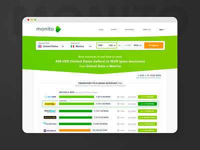 Results page for an international money transfer comparator comparator data fintech green money monito results startup swiss webdesign