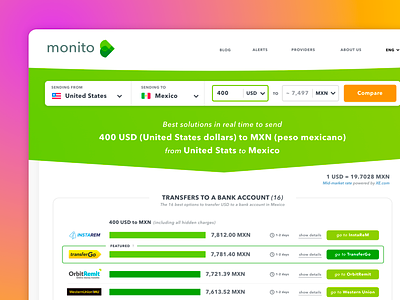 Results page of a money transfer comparator branding flat money transfer monito startup swiss ui ux webdesign