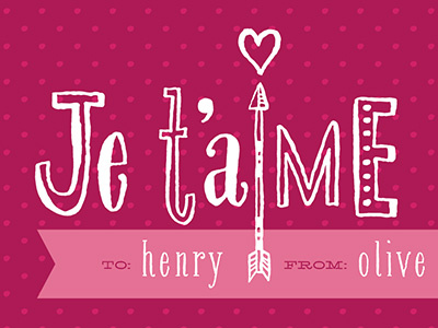 Je t'aime arrow dots funky gift tag hand lettering hearts pink valentine