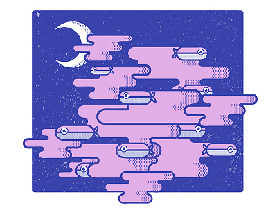 Nocturnal blue fish halftones illustration moon night pink