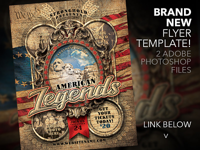 AMERICAN LEGENDS FLYER TEMPLATE brand distressed flyer grunge historical merica old template vintage