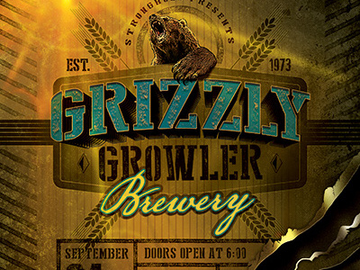 Grizzly Bear Growler Brewery Flyer Template beer brewery flyer template golden graphic design grizzly grizzly bear halftone pub rustic textured vintage flyer template