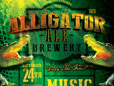 Alligator Ale Brewery Flyer Template alligator beer brewery crest detailed distressed flyer design flyer template gator golden graphic design halftone