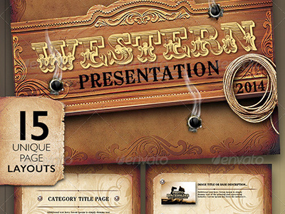 Western Style Powerpoint Presentation Template bulletholes cowboy cowgirl lasso leather magazine mountains pack powerpoint ppt pptx presentation