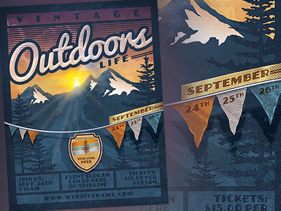 Vintage Outdoor Life Poster Template great outdoors grunge halftones life mountains natural nature outdoors scenery trail trees vintage