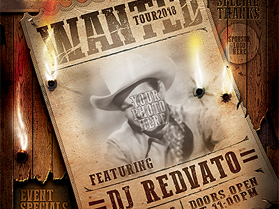 Vintage Wanted Poster badge bullet holes copper cowboy cowgirl distressed event flyer gold golden grunge western
