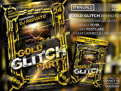 Gold Glitch Party Flyer Templates design distressed gold grunge party party event retro template typography