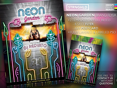 Neon Garden Flyer Template colorful design flyer grunge neon party retro template