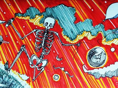 Flying Down balloon drawing illustration ink inking markers skeleton