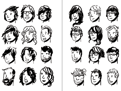 Faces spread - dialogue publication black and white caricature cartoon design drawing illustrator people publication