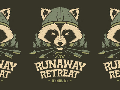 Runaway Retreat arrow camping helmet illustraion lockup minnesota moto motorcyle pine trees poster raccoon script texture trash panda typogaphy woods