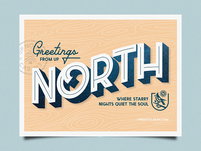 Greetings from Up North badge branding crest greetings icon illustration north dakota postcard starry night stars typography up north wood grain