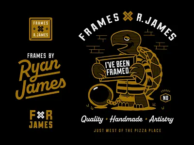 Frames by Ryan James americana badge branding carpentry frames illustration industrial lockup logo mascot north dakota ryan james script turtle type woodwork