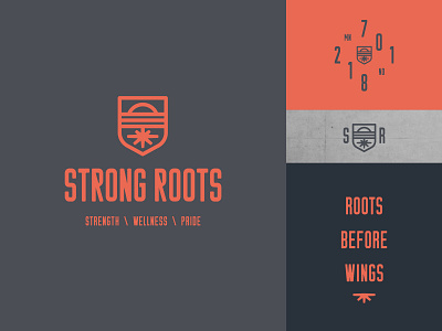 Strong Roots badge logo branding crest crossfit gym icon lockup logo nordic plains pride roots shield shield logo strong sunrise sunset symbol wellness wings