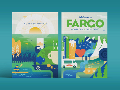 Visitor Guide Cover Final beer bicycling bratwurst cellphone coffee fargo food truck golf illustration kayak ramen river snowflakes sunset wheat