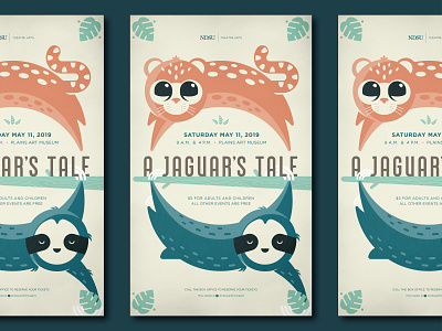A Jaguar's Tale animals cat childrens illustration circle geometic hanging jaguar jumping leaf poster sloth theatre