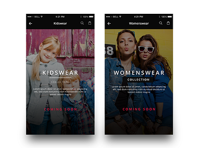 Coming Soon screens apparel banners dark theme e commerce ios app landing screen mobile app ui ux