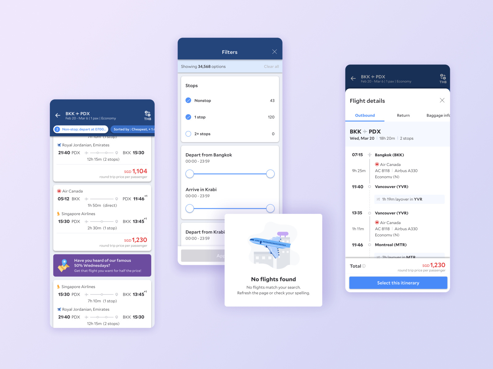 Flight app search results by Danielle Liu on Dribbble