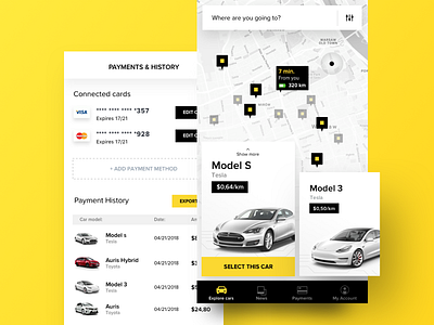 Autopilot Car Rental App car card concept map payments product rental search tesla ui ux
